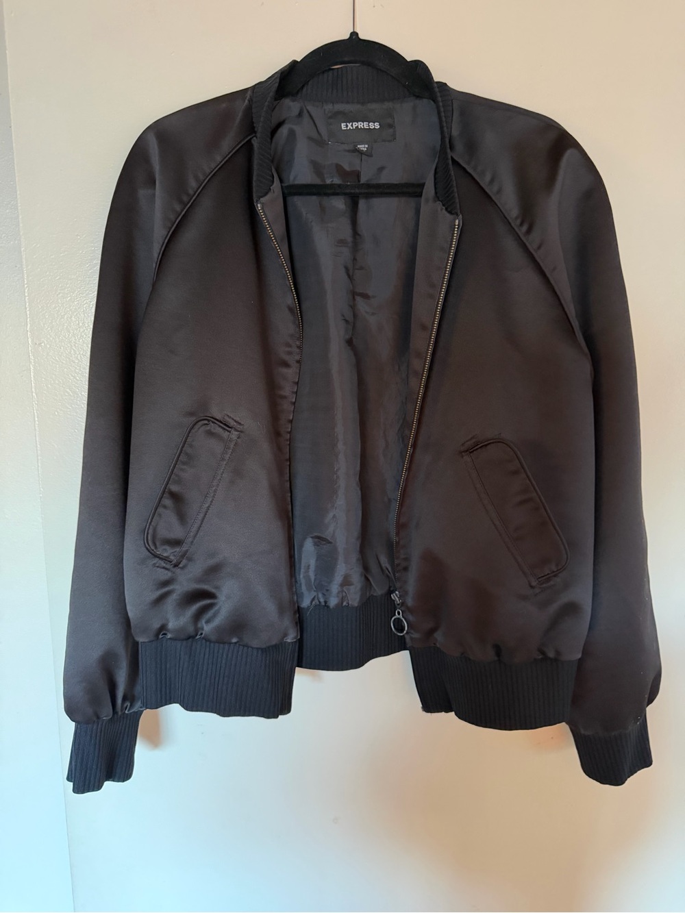 Express Black Satin Bomber Jacket